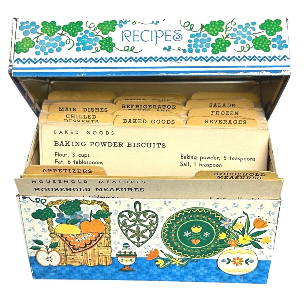 Vintage 70s midcentury Hallmark tin recipe box with vintage recipe cards retro